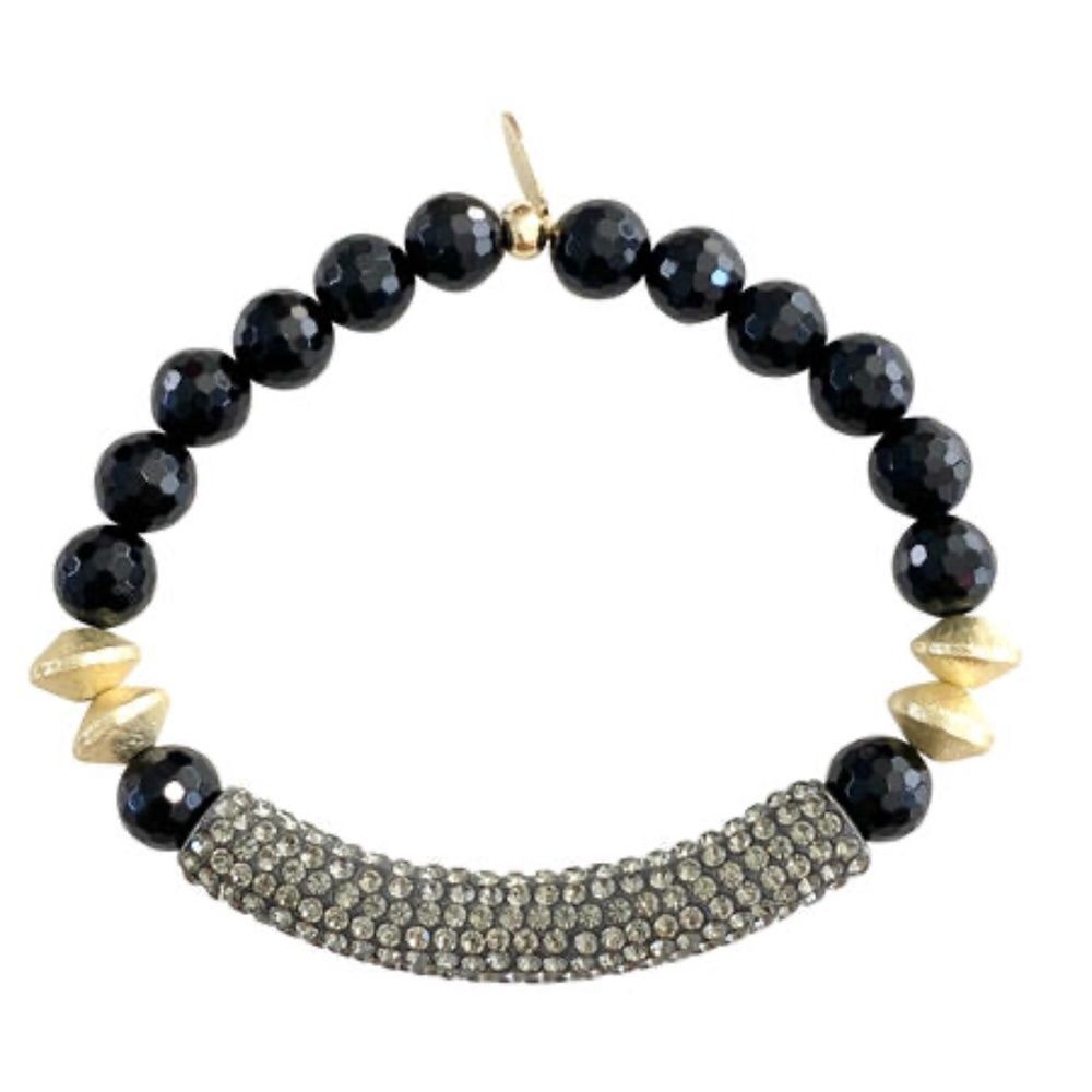 Stretch Bracelet Black Agate Stone Beads & Crystal Rhinestone Bar NEW